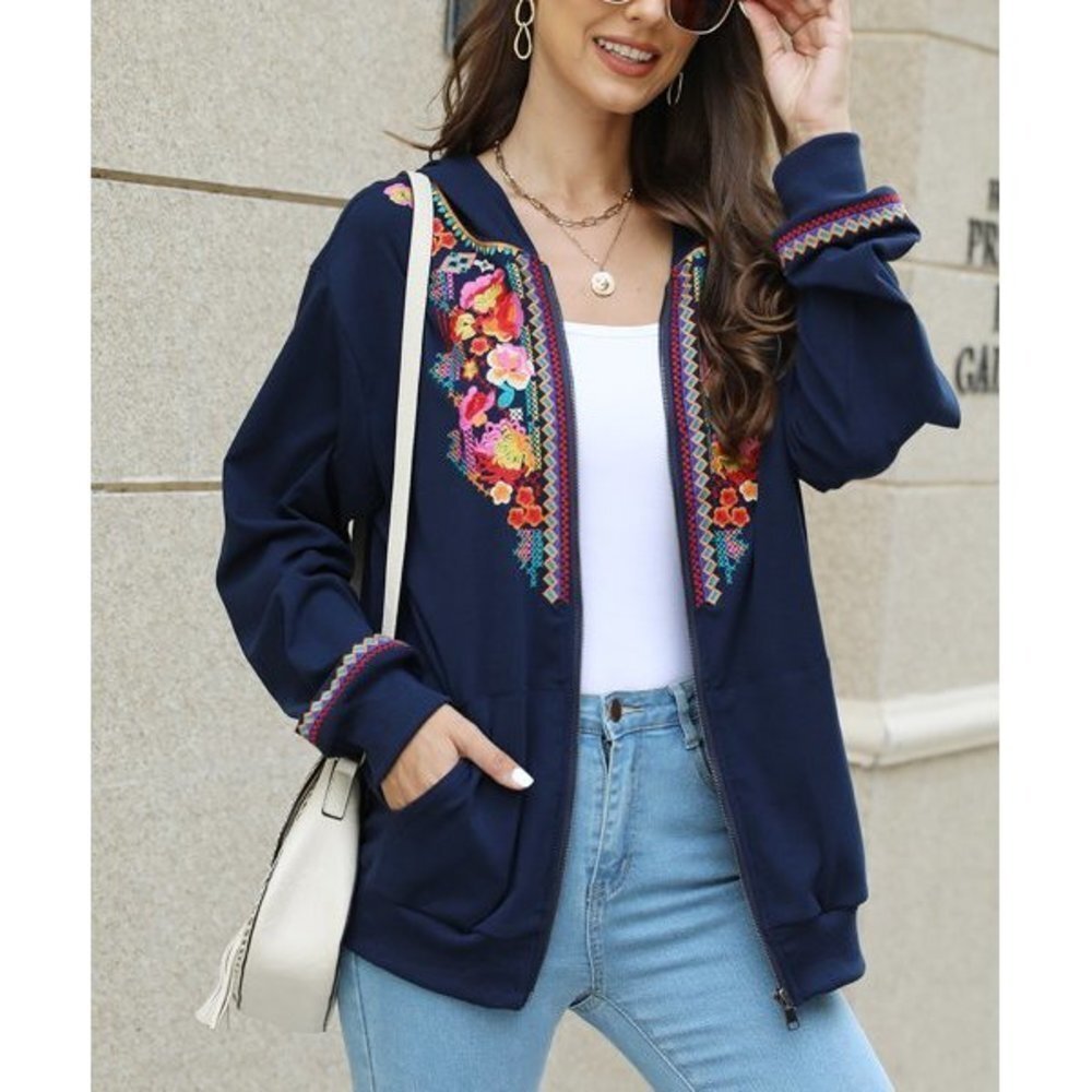 Navy Blue & Red Embroidered Zip Hoodie